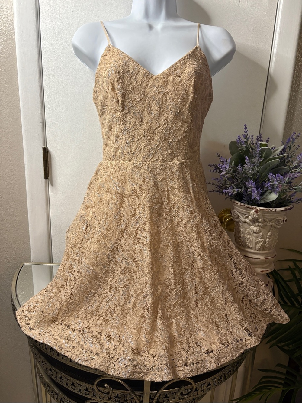 B Darlin Nude Lace Spaghetti-Strap A-Line Mini Dress